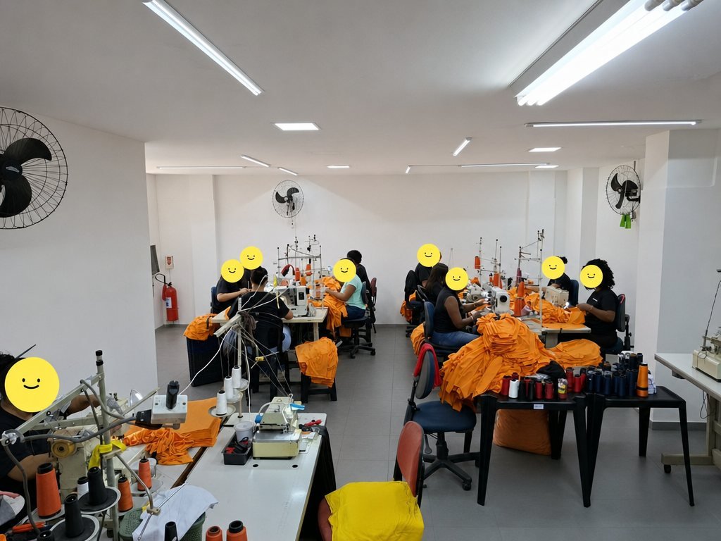 Equipe costurando camisetas em série na fábrica da Printare