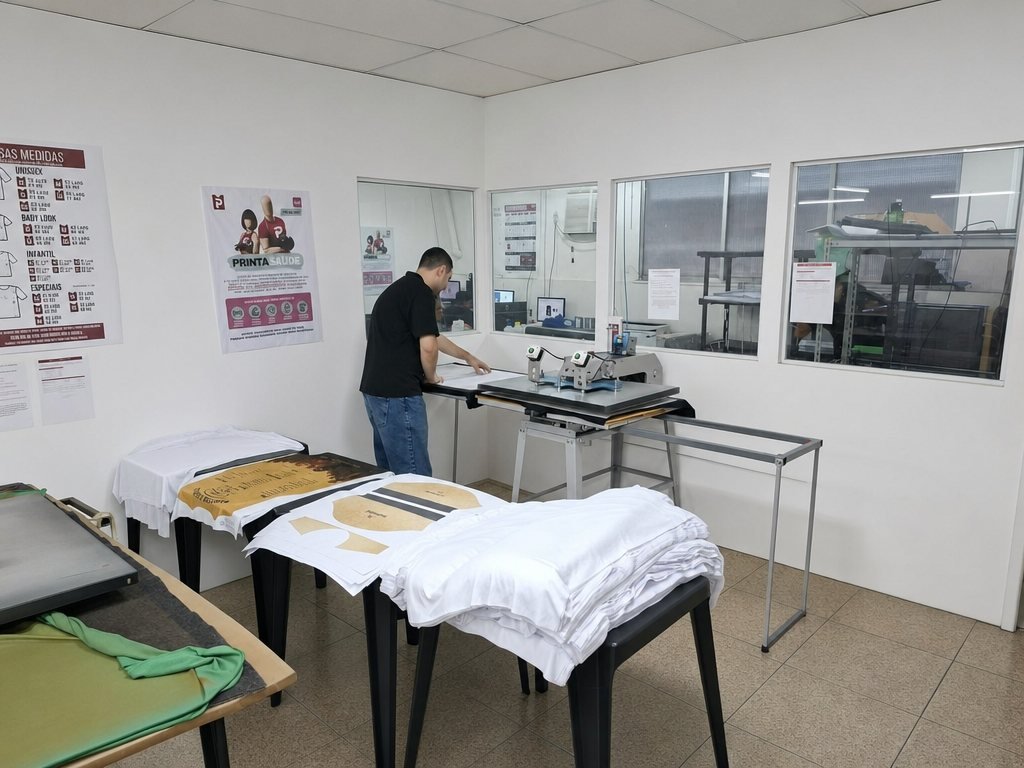 Colaborador operando a prensa térmica na fábrica da Printare